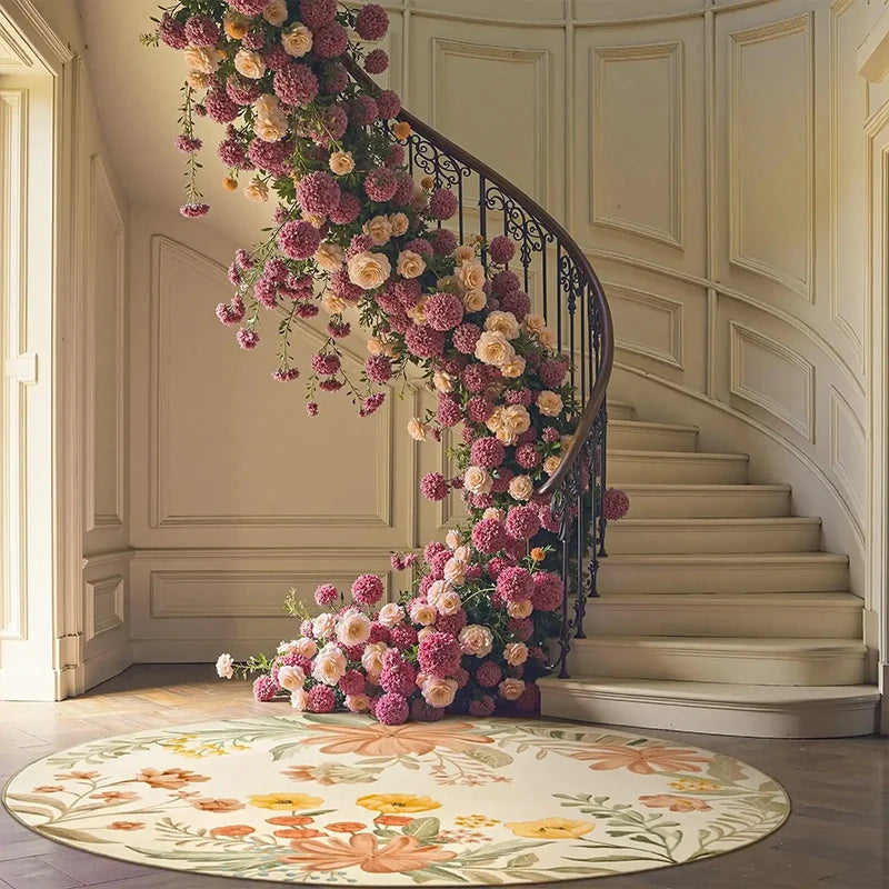 Round Non-Slip Machine Washable Floral Plush Area Rug Plush Area Rug HIP