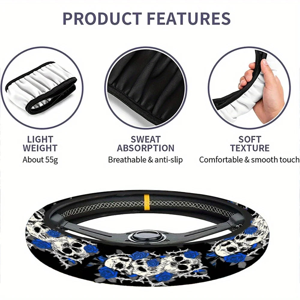 Gothic Skull & Blue Rose Steering Wheel Cover – Non-Slip Steering Wheel Cover HIP