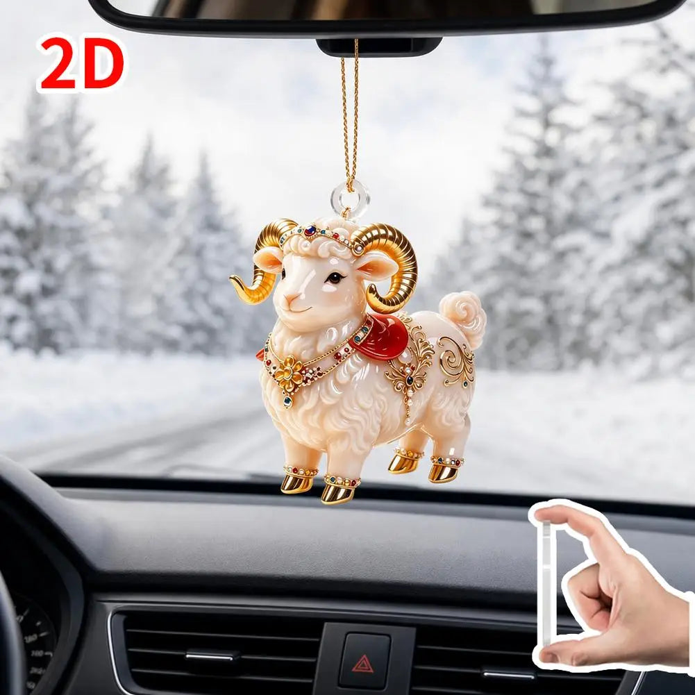 2D Flat Christmas Hanging Pendant Acrylic Red Gold Chinese Zodiac Goat Xmas Tree Hanging Ornament New Year Car Goat Pendant HIP