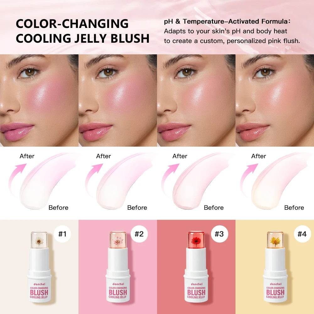 Color Changing Jelly Blush Danchel Magic Cooling Gel Blush Dual Temp & pH Adaptive Floral Extract Hydrating Blush Stick Moisturi HIP