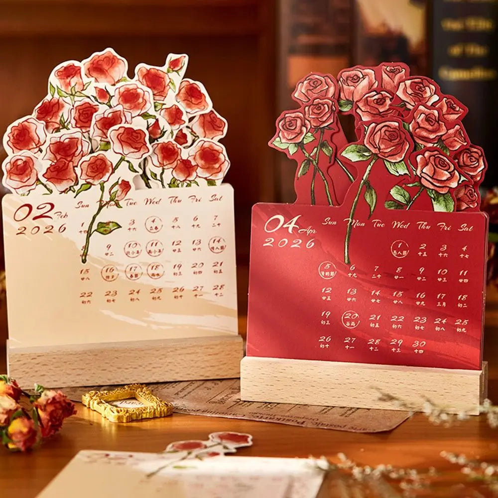 2026 Mini Desk Calendar – Rose Floral Design & Wooden Base Mini Desk Calendar HIP