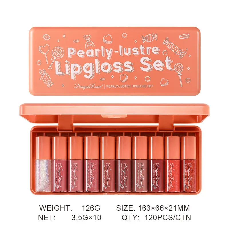 Dragon Ranee 10-Pc Pearlescent Liquid Lip Gloss Set – Waterproof Lip Gloss Set HIP