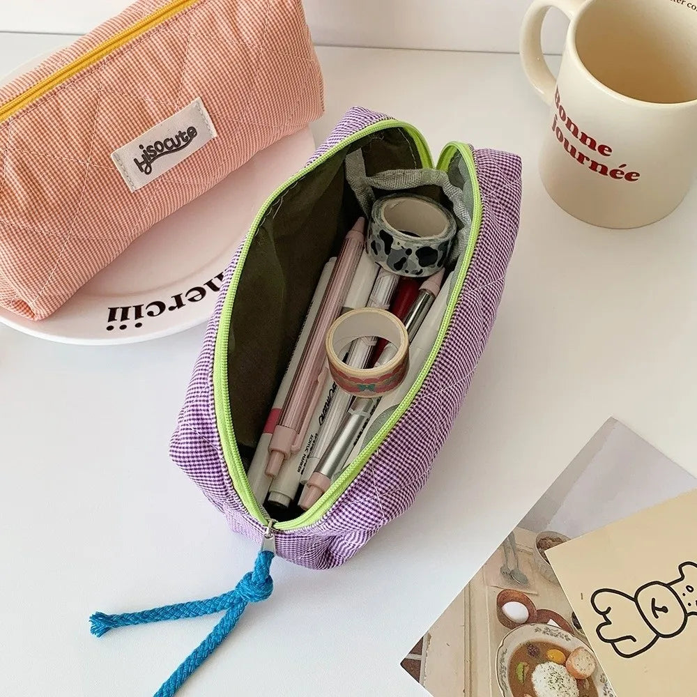 Large Capacity Checkered Pencil Case & Makeup Storage Bag Pencil Case HIP