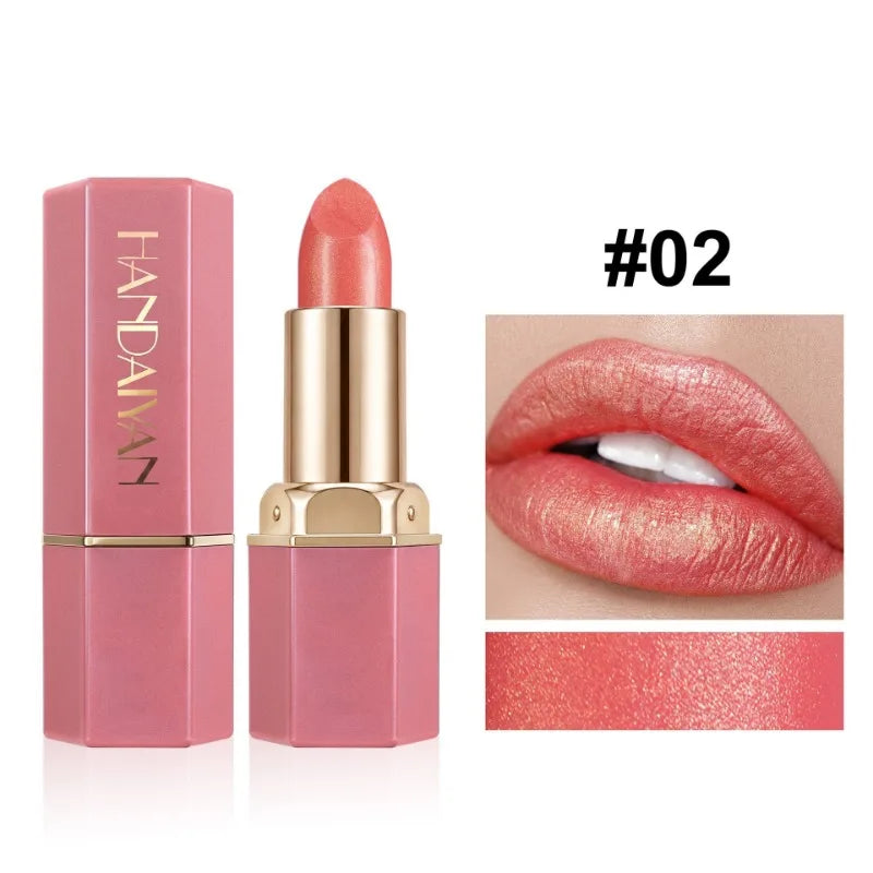 Pearlescent Glitter Lipstick Hexagonal Gold‑plated Tube Design Moisturizing Shiny Lip Stick Long Wear Non‑dry Women Lips Makeup HIP 02