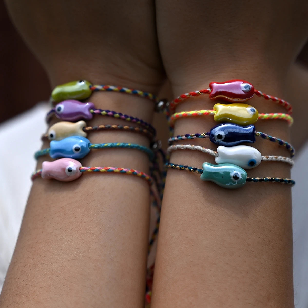 Set of 10Pcs Ceramic Fish Bracelet for Women Handmade Woven Colored Rope Boho Wrap Charm Bracelet Friendship Popular Jewelry HIP