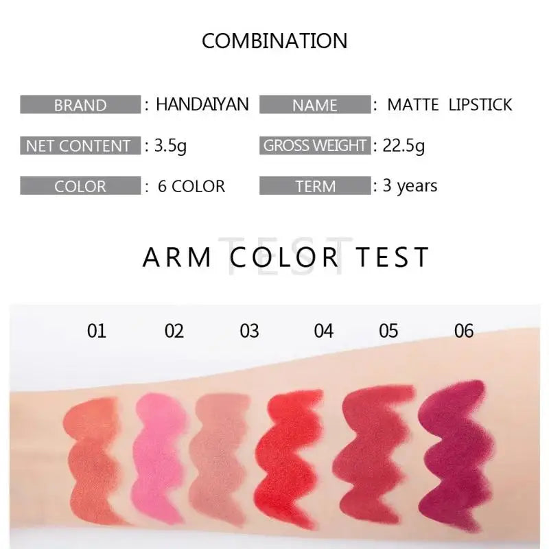 HANDAIYAN Matte Lipstick – 6 Shades, Long-Lasting & Moisturizing Matte Lipstick HIP