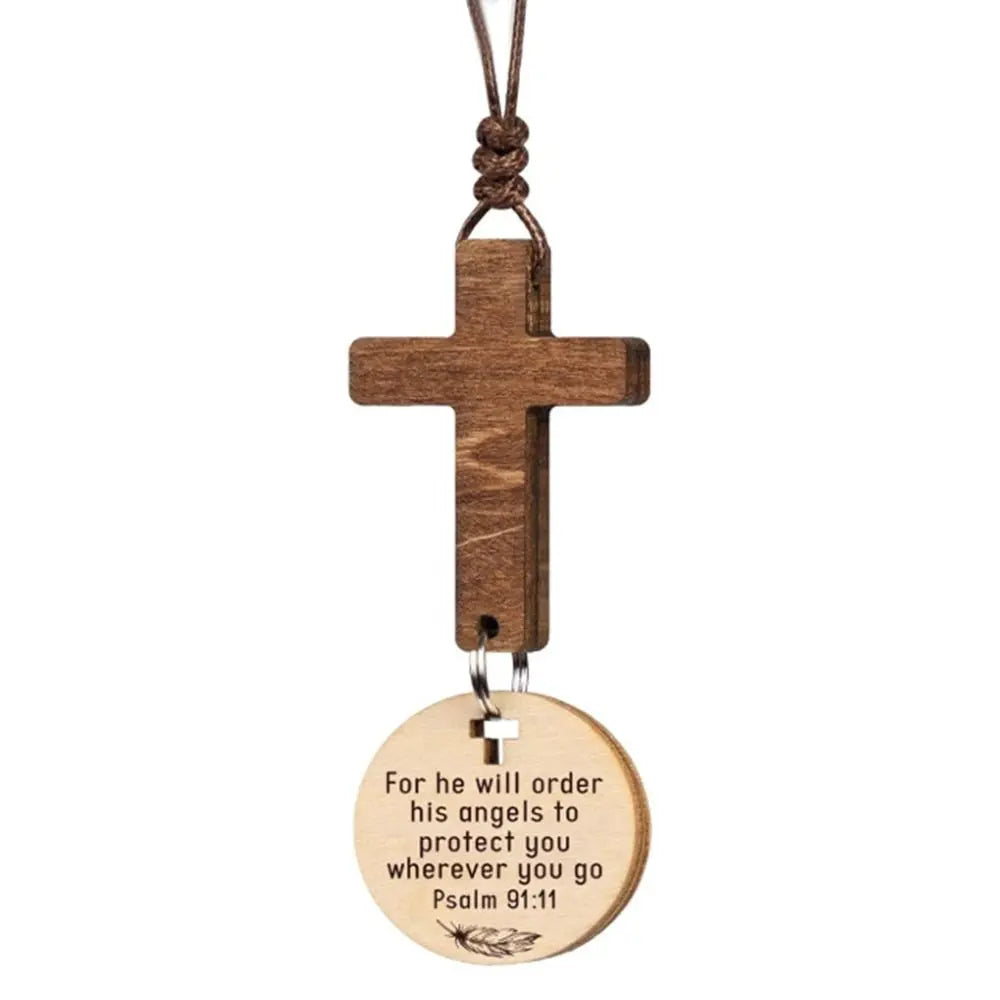 Wood Cross Car Mirror Pendant – Bible Verse Charm Ornament Car Mirror Ornament HIP