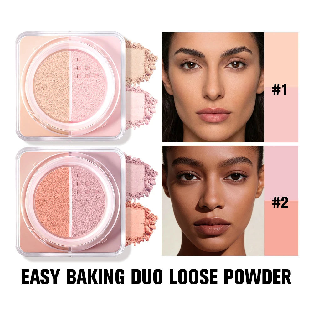 2 in 1 Bake Loose Powder Brightening&Correcting Duo Brightening Correcting Blurred Pores Matte LongLasting Setting Powder Makeup HIP