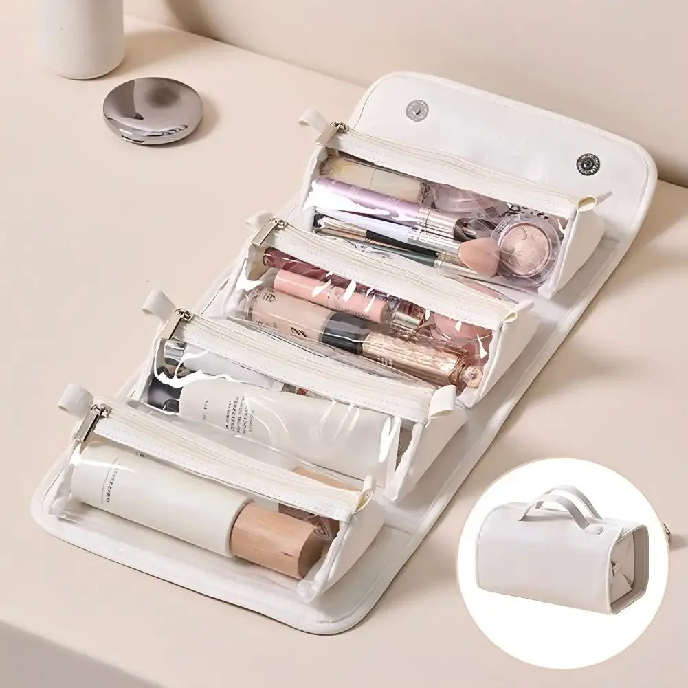 PU Leather Travel Cosmetic Bag Large Capacity Foldable Design Makeup Organizer Bag Waterproof Material Portable Makeup Case HIP White