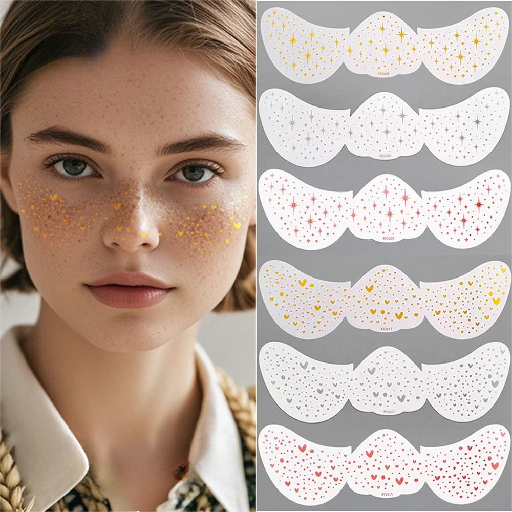 3Pc Metallic Freckles Makeup Patches Waterproof Temporary Tattoo Stickers for Christmas Face Makeup Stars Snowflake Fake Freckle HIP