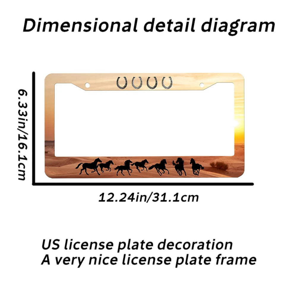 Aluminum Horseshoe License Plate Frame – Horse & Sunset Art License Plate Frame HIP