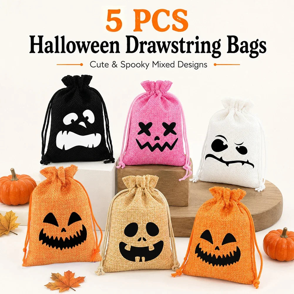 Multi Functional 5PCS Halloween Drawstring Gift Bag Linen Pumpkin Spider Bag Kids Favorite Candy Bag Holiday Party Home Decor HIP