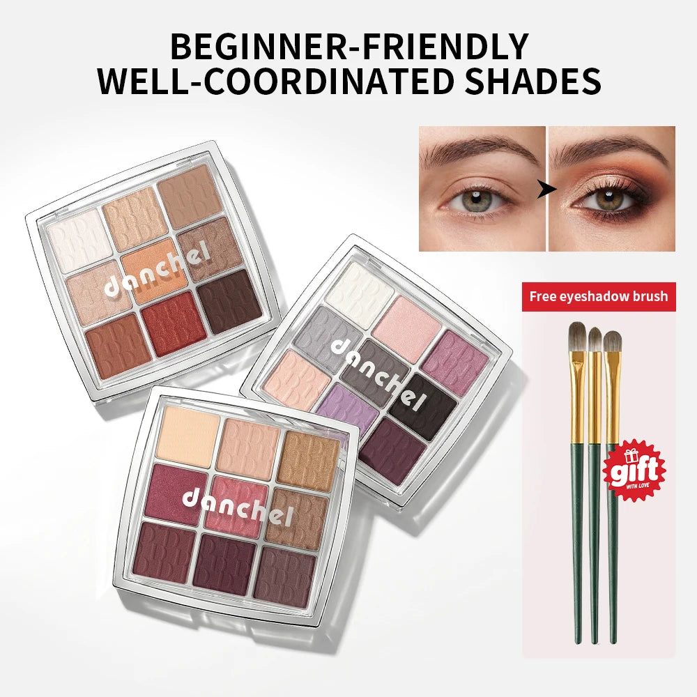 9 Colors Eyeshadow Palette With 3Pcs Brushes Long Lasting Waterproof Matte Shimmer Lying Silkworm Highlighter Daily Eye Makeup HIP
