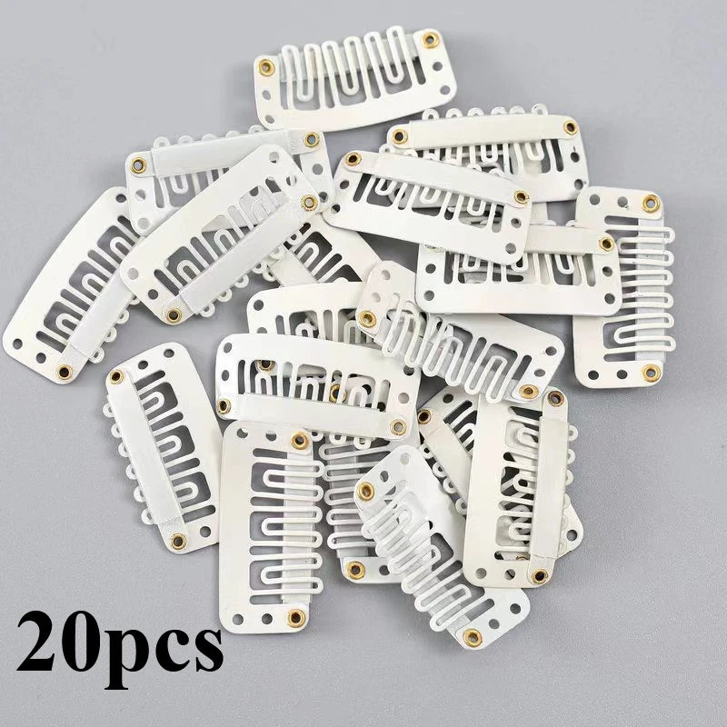 20PCS Clip In Hair Extension Wig Clips For Human Hair Bangs Snap Hair Clips For Extensions Metal Comb For Closure HIP white