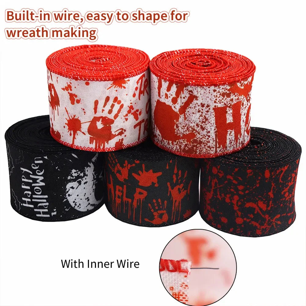 Halloween Skeleton and Bloody Handprint Ribbon Decoration Craft Ribbon Used for Party Decoration Wreath Making Gift Packaging HIP