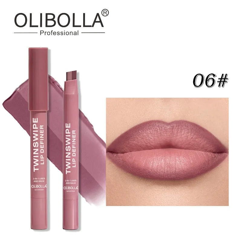 Cinnamon Lipstick Carving Matte 2 in 1 Dual Color Velvet Slanted Lip Liner Pencil Waterproof Long Lasting Women Daily Lip Makeup HIP 06