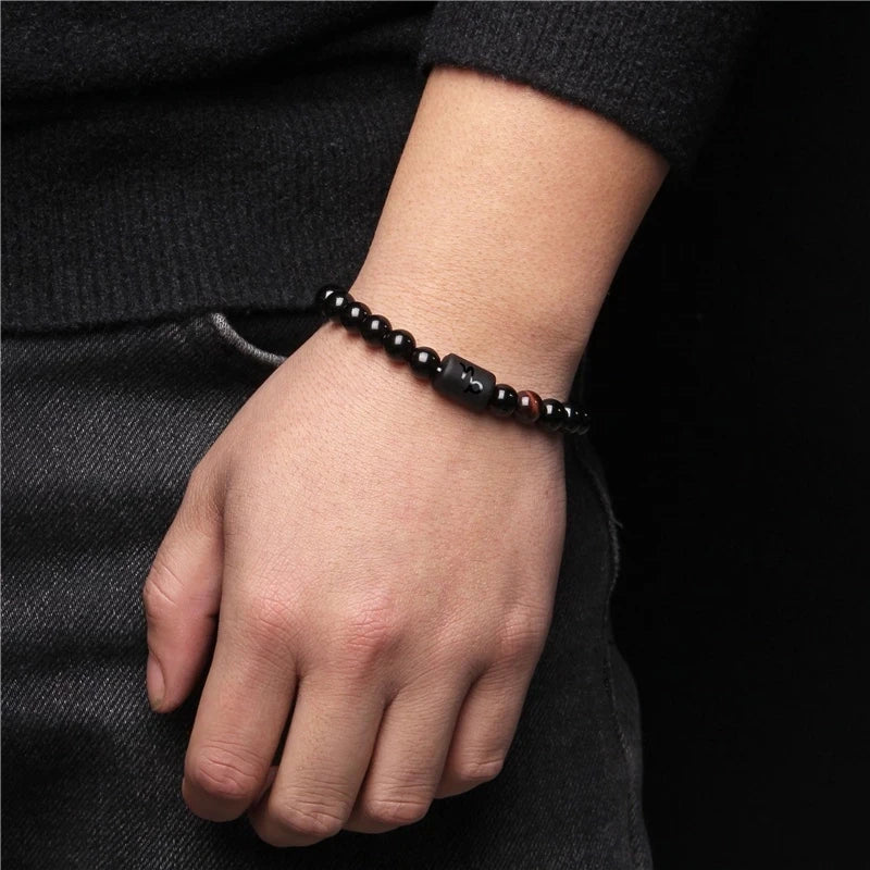 12 Constellation Zodiac Signs Beads Couples Bracelet Natural Black Onyx Stone Elastic Charm Bracelet for Women Men Birthday Gift HIP