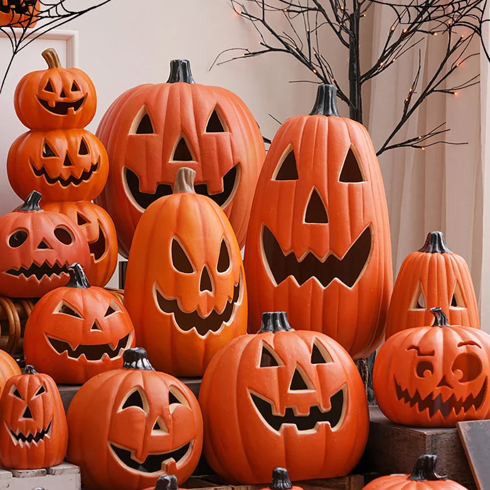 Halloween Home Yard Decor Prop Halloween LED Ghost Face Expression Pumpkin Lantern Realistic Artificial Pumpkin Decorative Light HIP