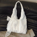 Floral Lace Canvas Shoulder Bag with Silk Scarf | Underarm Tote Canvas Shoulder Bag HIP White