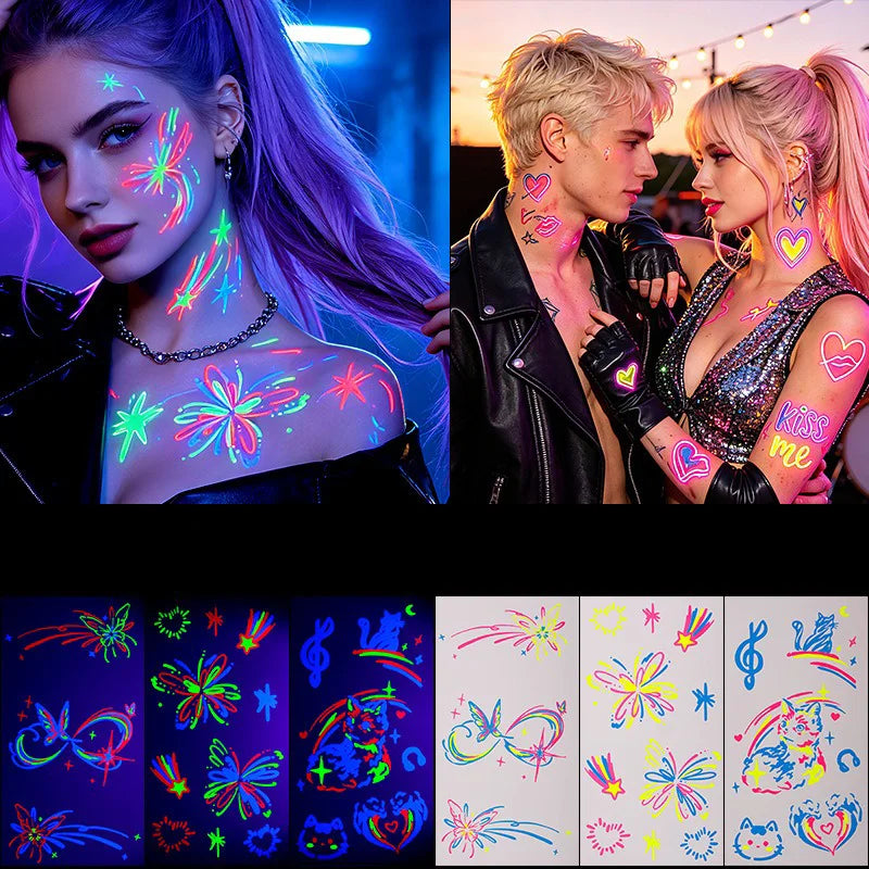 Neon Glow UV Temporary Tattoo Stickers Waterproof Halloween Skeleton Love Heart Spider Butterfly Face Body Tattoo Carnival Party HIP