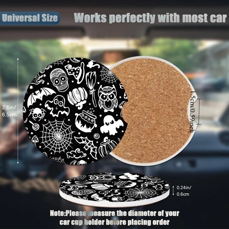 Halloween Skull & Bat Ceramic Car Coasters – 2-Pack Absorbent Car Cup Coasters HIP