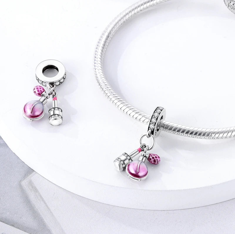 S925 Silver Plated Pink Perfume Bottle Luggage Camera Airplane Pendants Charms Fit Original Bracelets DIY Birthday Jewelry Gifts HIP