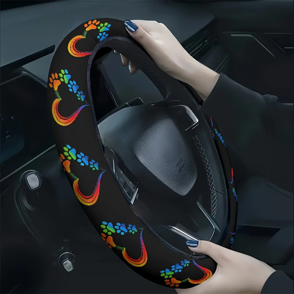 Rainbow Paw Print Steering Wheel Cover – Washable Car Accessory Steering Wheel Cover HIP 1