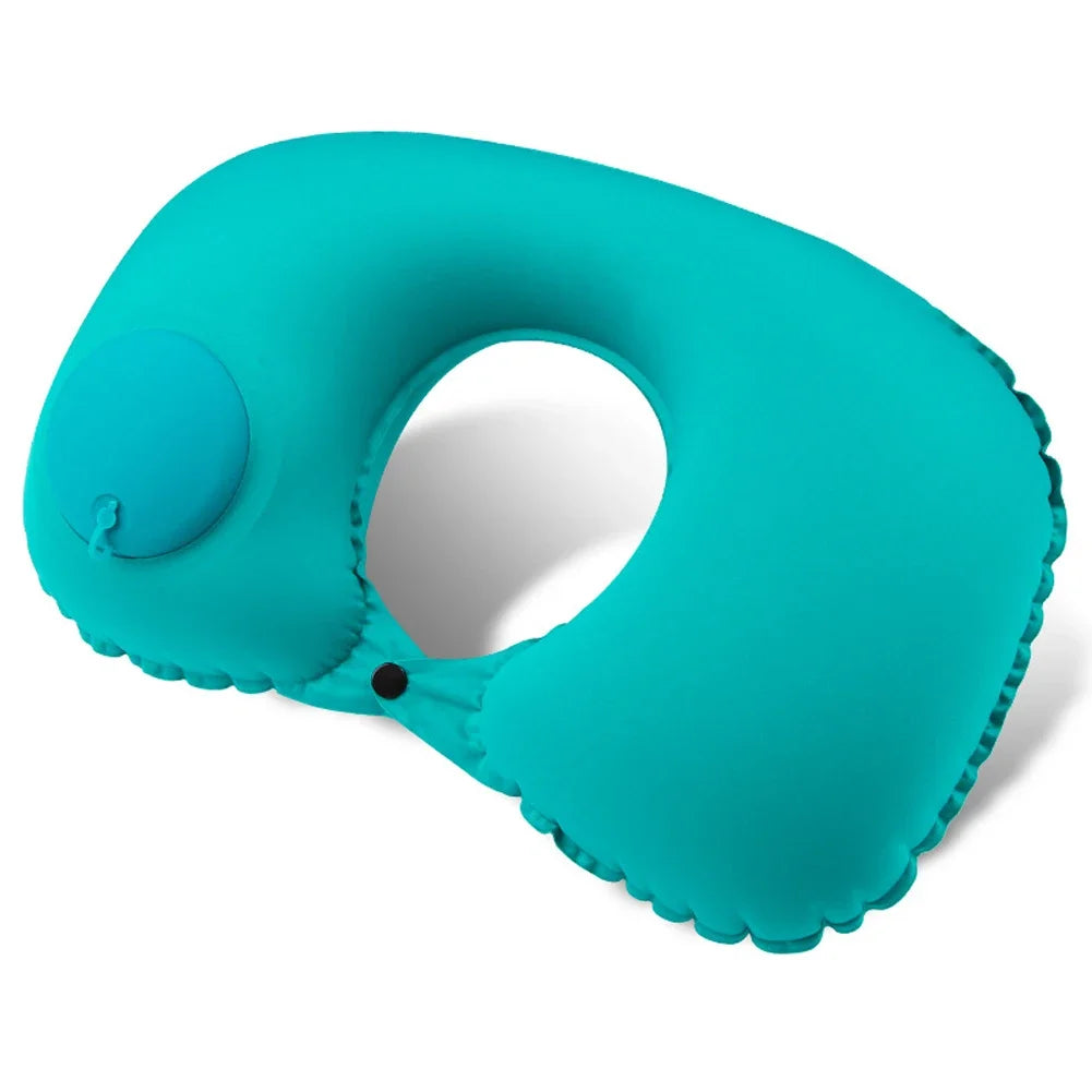 U Shape Neck Cushion Automatic Air Inflatable Pillow Compress Ring Pillow For Airplane Car Outdoor Travel Flocking Milk Fiber HIP Green-Milk Fiber