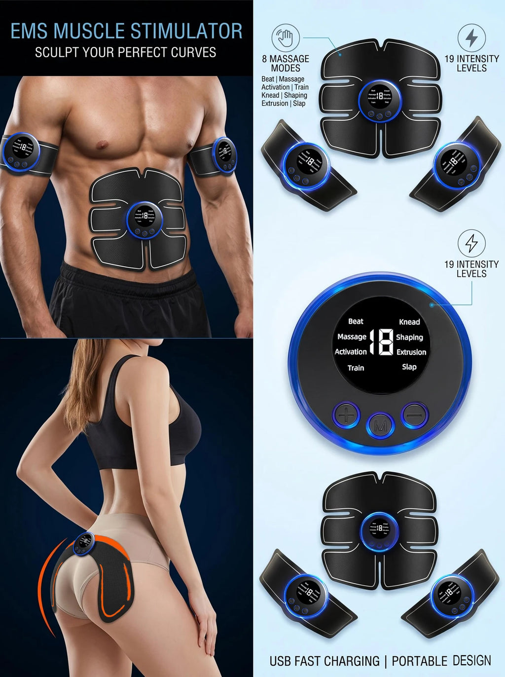 AXH Portable EMS Muscle Toner – Wireless Rechargeable Trainer EMS Muscle Trainer HIP