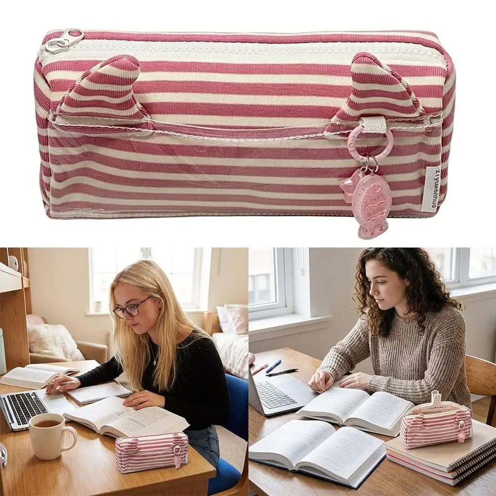 Pink Cat Ear Pencil Case – Large Capacity Canvas Pen Bag Canvas Pencil Case HIP