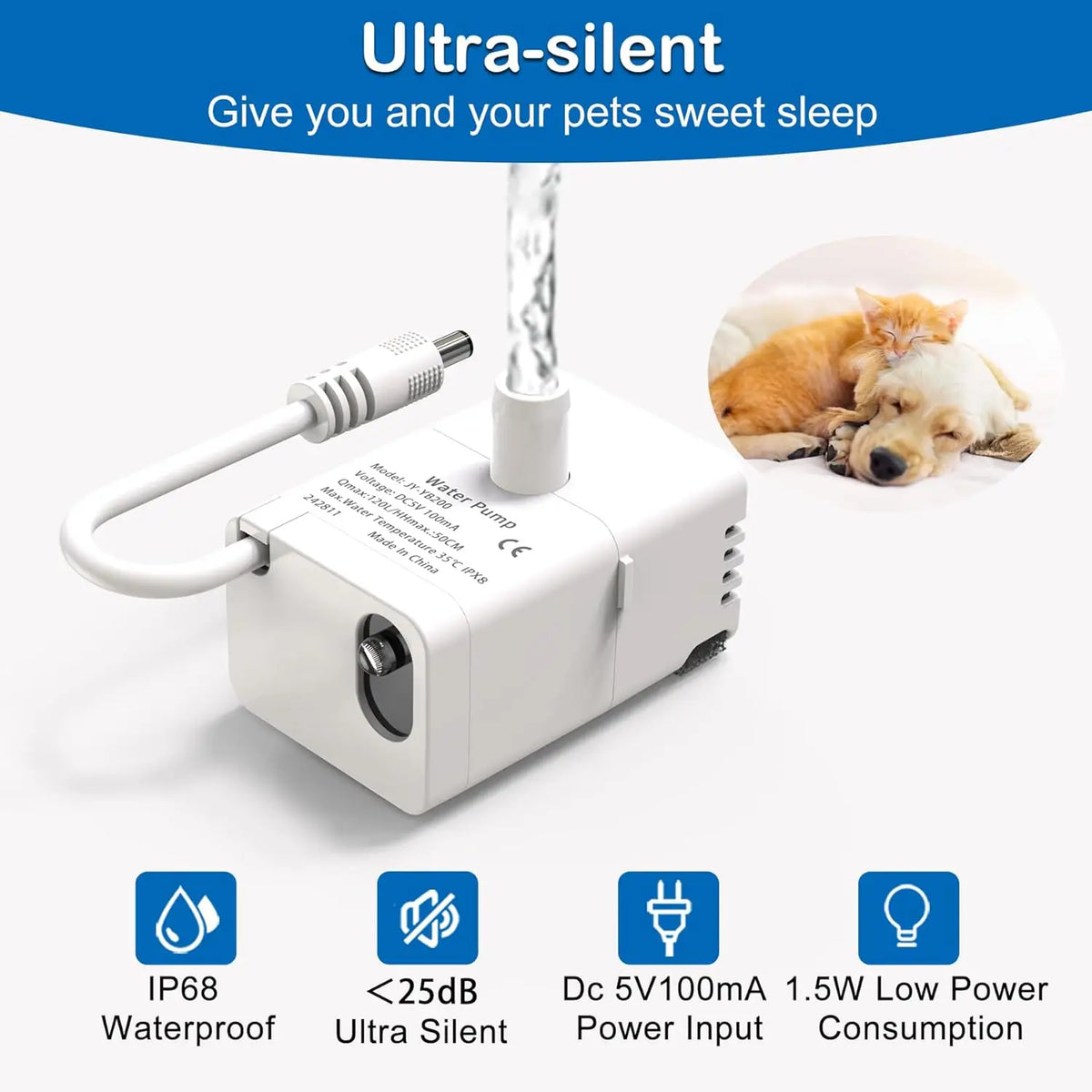 Cat Fountain Replacement Pump, LED Auto Power Off Light, Ultra Quiet Filter Pump Fit 2.2L/3.2L Smart Pet Water Dispenser HIP