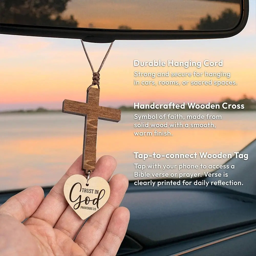 Wood Cross Car Mirror Pendant – Bible Verse Hanging Charm Car Mirror Ornament HIP