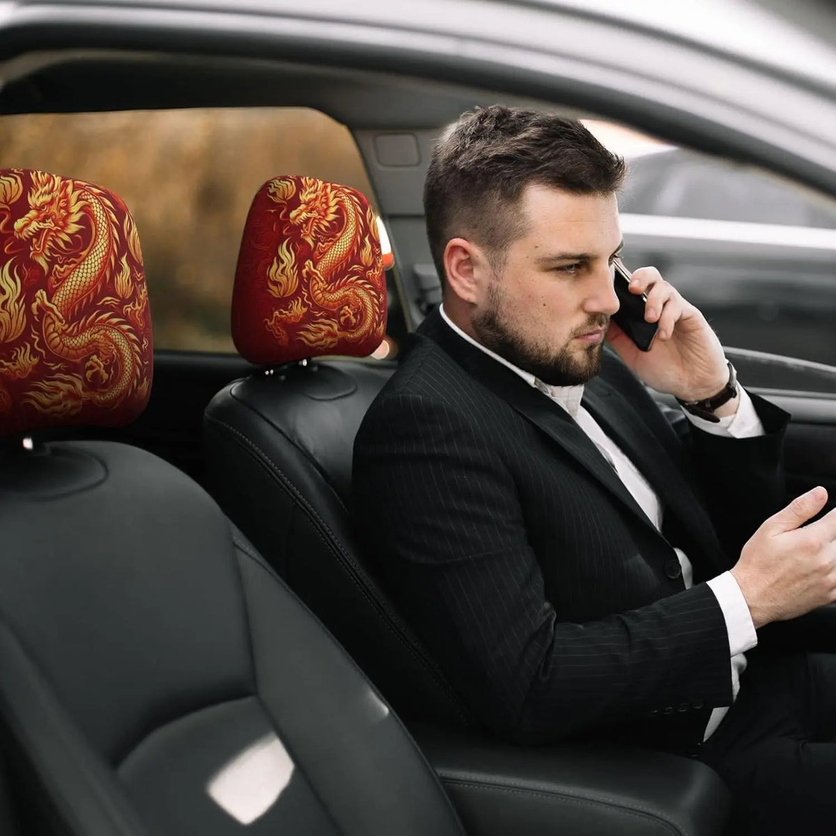Asian Dragon Gold Car Headrest Covers – 2 Pack Universal Fit Car Headrest Covers HIP