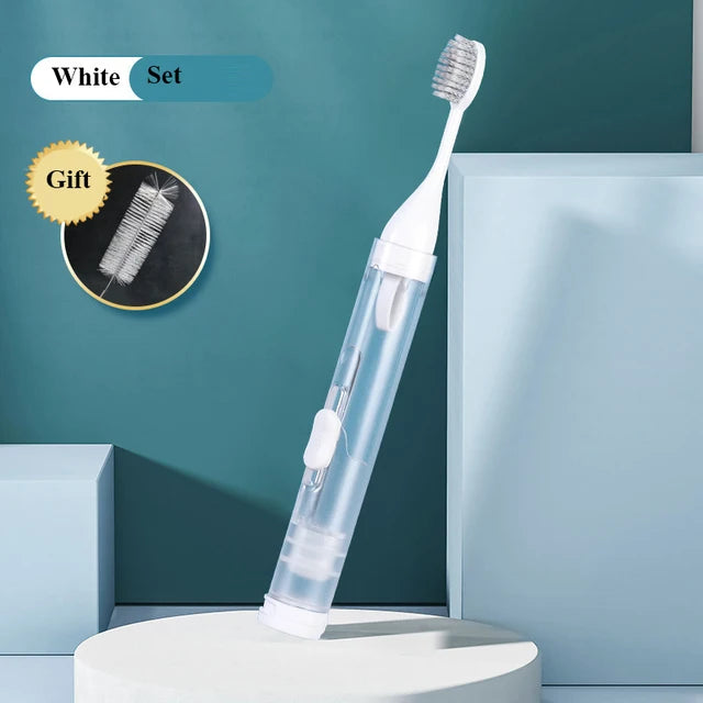 3 In 1 Portable Toothbrush Can Hold Toothpaste Integrated Hygienic Folding Travel Toothbrush Oral Cleaning Tools Easy Carrying HIP Normal-White