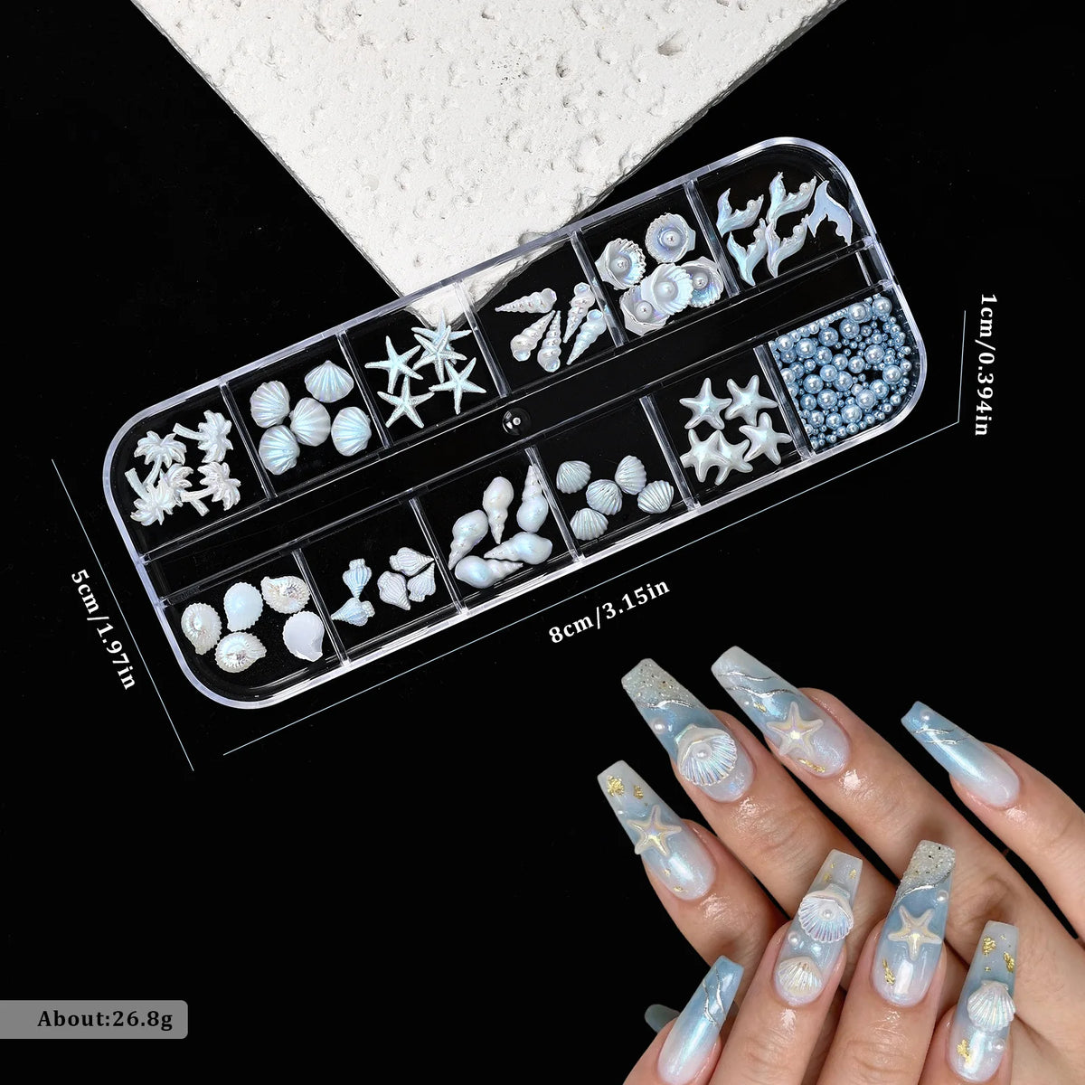 12 Grids Aurora White Blue Starfish Shell Conch Coconut Tree Pearl Nail Rhinestones Decorations Manicure Ocean Life Charms HIP Blue