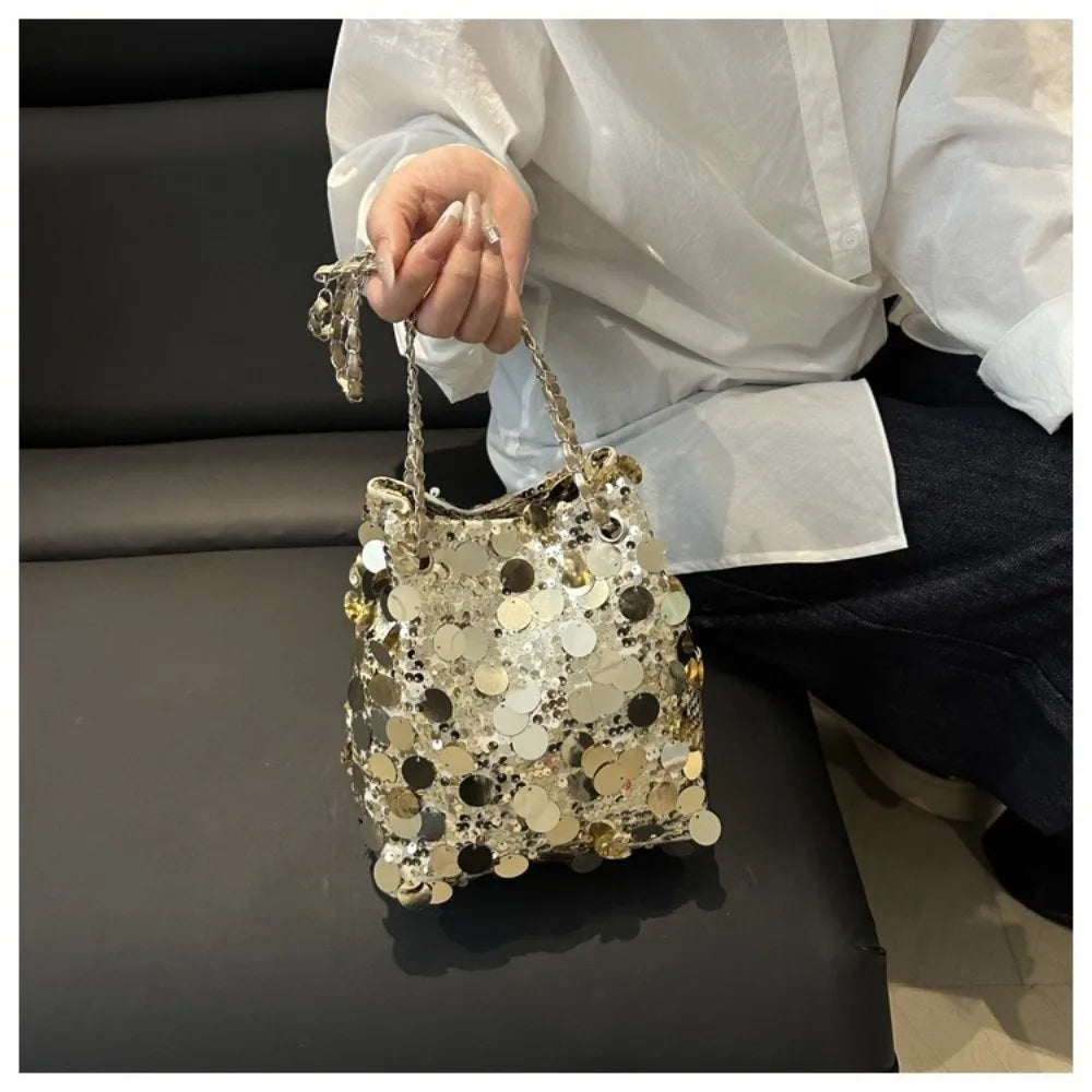 Shiny Sequin Bucket Bag – Chain Strap Crossbody | Korean Style Sequin Crossbody Bag HIP