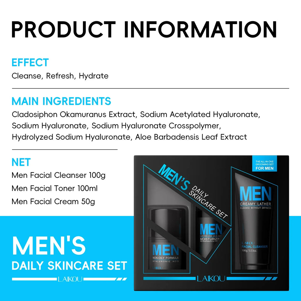 LAIKOU Men's 3-in-1 Skincare Set – Cleanser, Toner & Cream Men's Skincare Set HIP