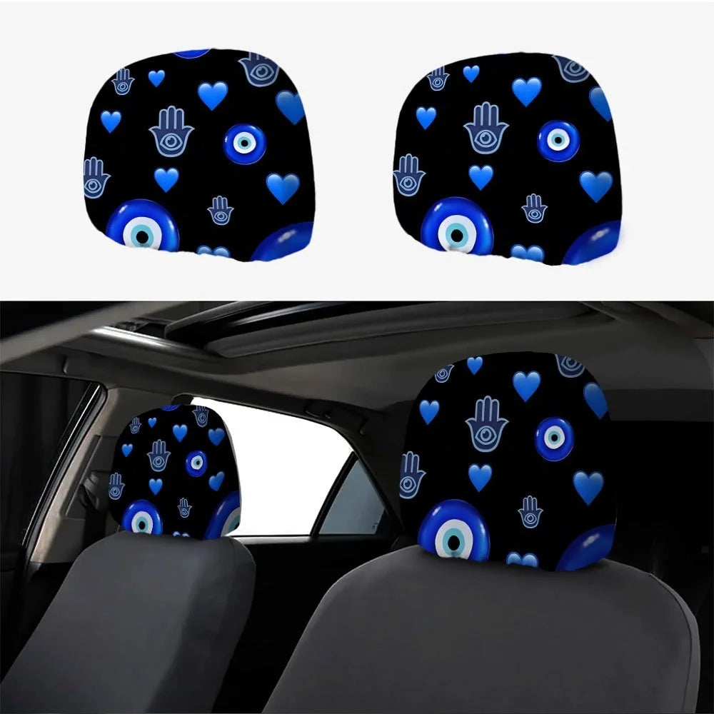2-Pack Blue Evil Eye Car Headrest Covers | Elastic Fit Car Headrest Cover HIP