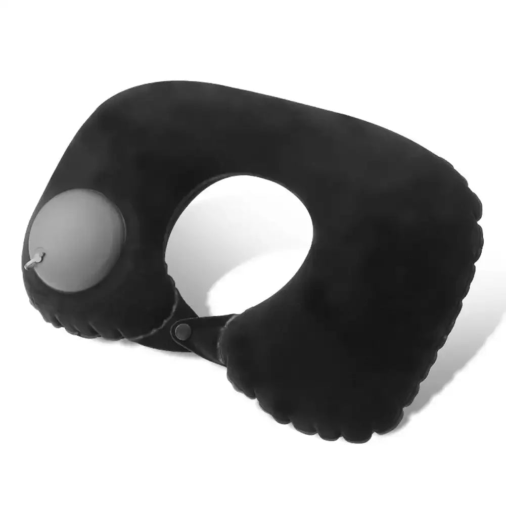 U Shape Neck Cushion Automatic Air Inflatable Pillow Compress Ring Pillow For Airplane Car Outdoor Travel Flocking Milk Fiber HIP Black-Flocking