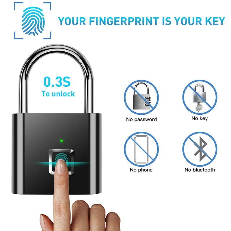 Zinc Alloy Fingerprint Smart Padlock – USB Rechargeable, 10 Prints Fingerprint Padlock HIP