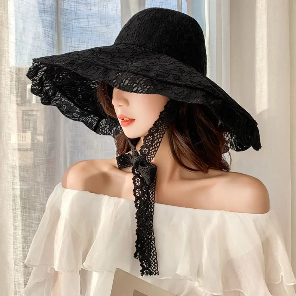 Lace-Up Bucket Hat Women – Wide Brim UV Sun Cap Bucket Hat HIP Black