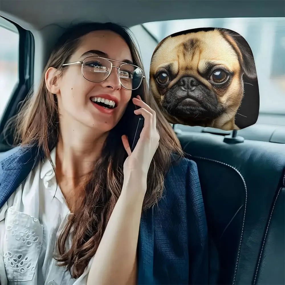 Pug Car Headrest Covers 2-Pack – Washable & Breathable Car Headrest Cover HIP