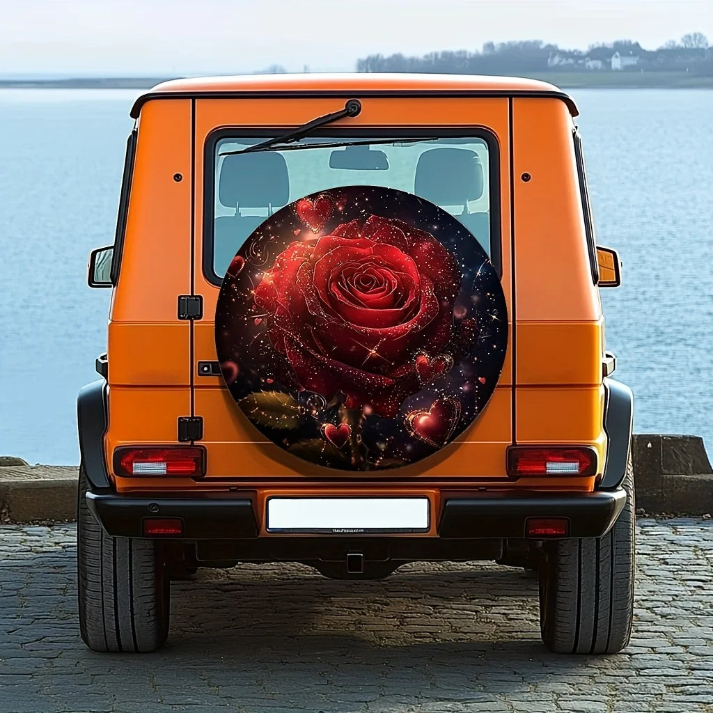 Elegant Rose Blossom Spare Tire Cover – Red & Gold Design Spare Tire Cover HIP