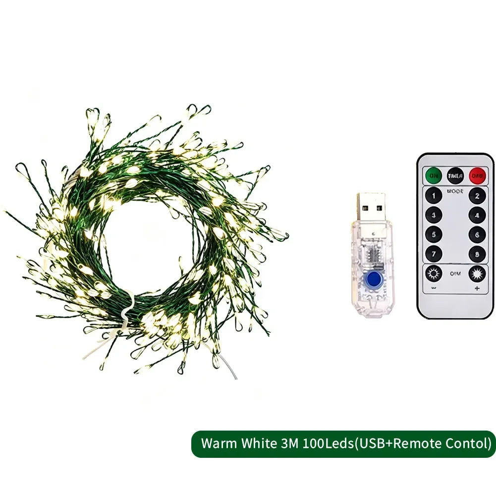 Waterproof Green/Silver Wire LED Copper Wire Firecracker String Lights Battery Box/USB Powered With Remote Christmas Decoration HIP USB 3M Warm White