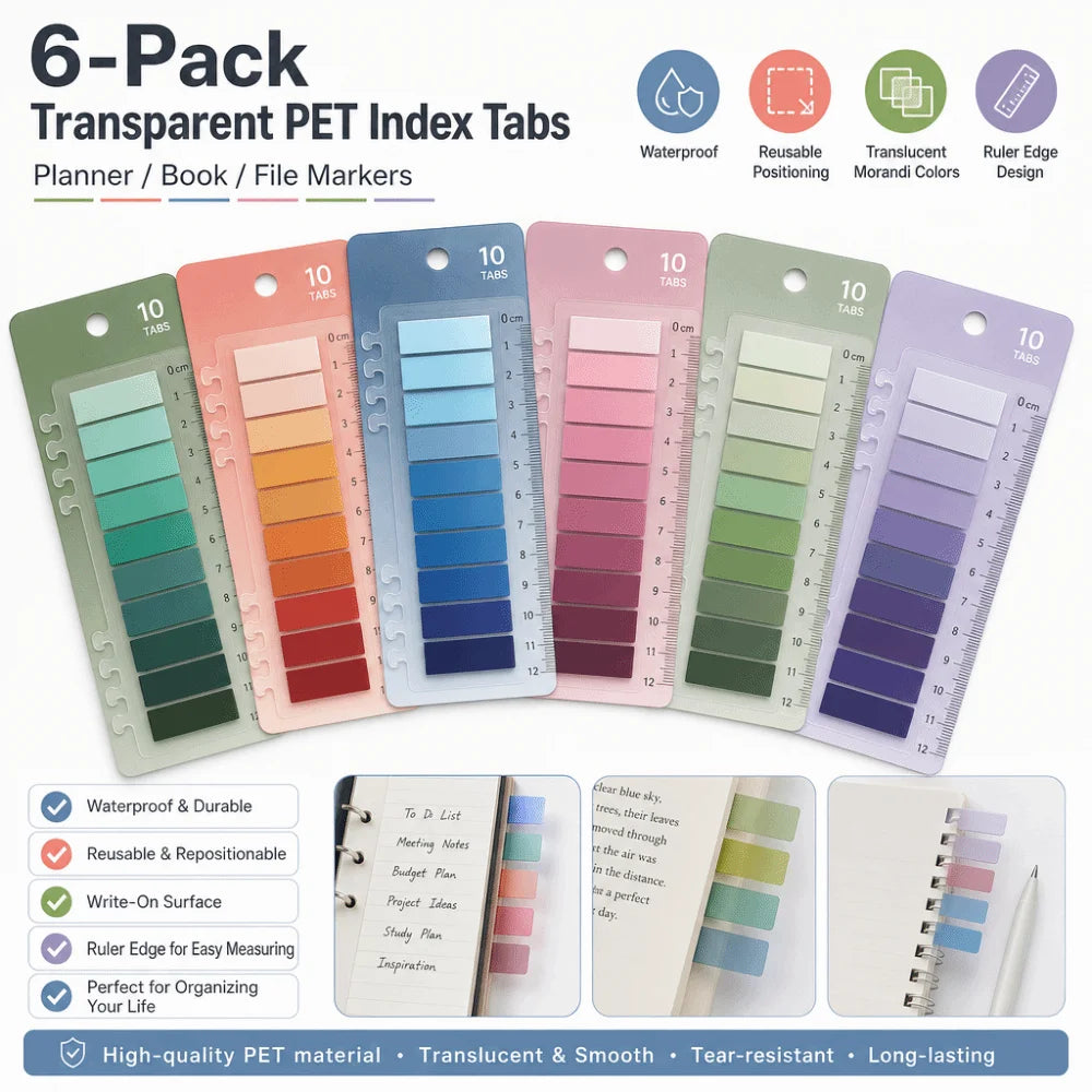 6-Pack Morandi Transparent PET Index Sticky Note Pads 1200 Sheets Index Sticky Note Pads HIP