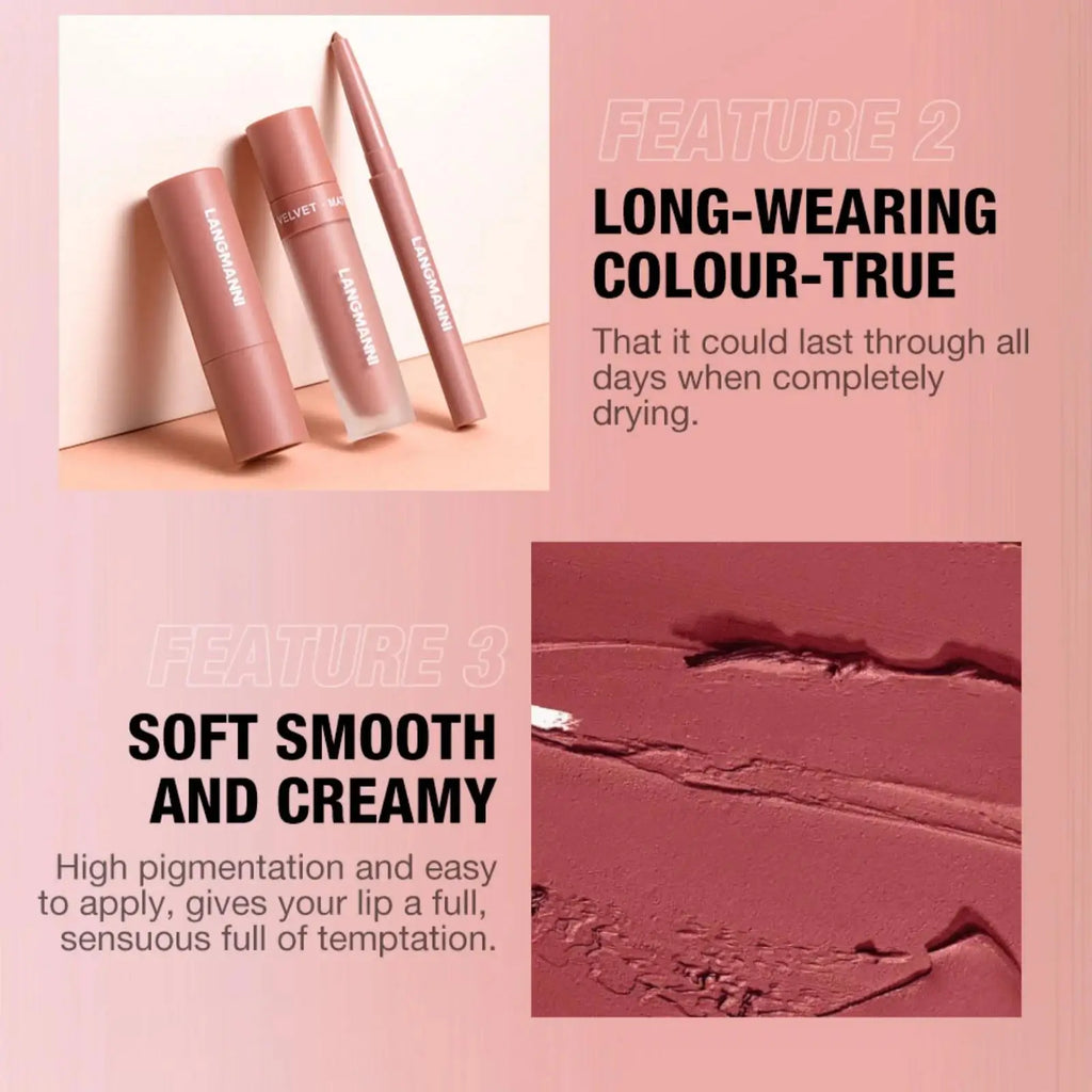 LANGMANNI 3-Pc Matte Liquid Lipstick & Lip Liner Kit Lip Makeup Kit HIP