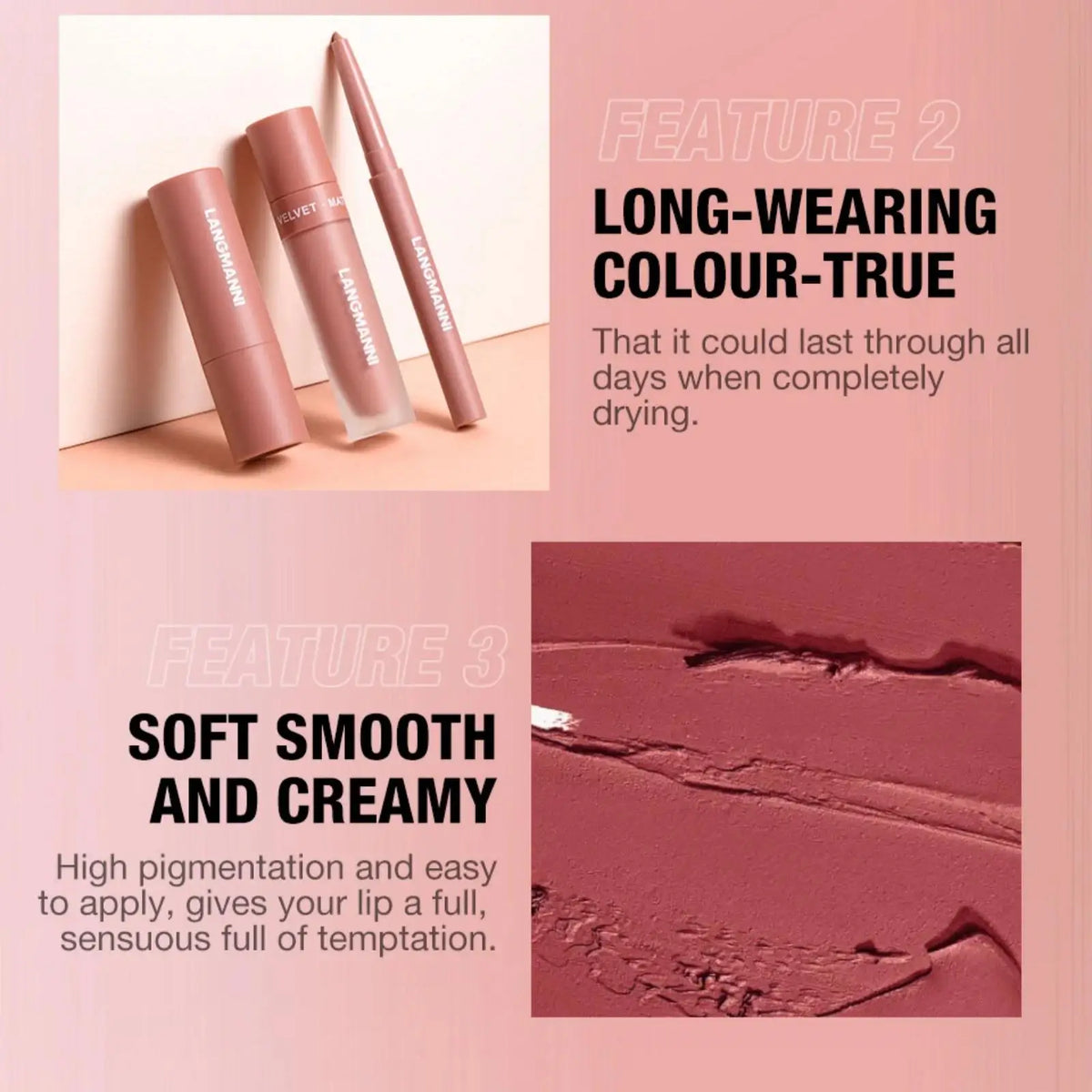 LANGMANNI 3-Pc Matte Liquid Lipstick & Lip Liner Kit Lip Makeup Kit HIP