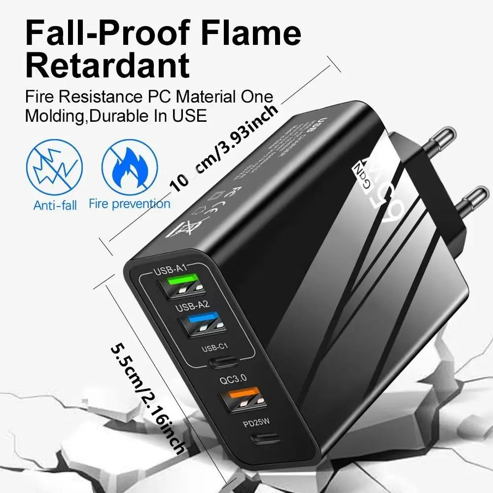 65W USB-C 5-Port Fast Charging Station – EU & UK Plug USB Charging Station HIP