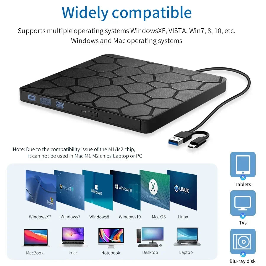 2 in 1 External DVD RW Drive USB 3.0 Type C Interface Slim DVD CD Writer Burner Reader Player Optical Drive For Laptop Notebook HIP