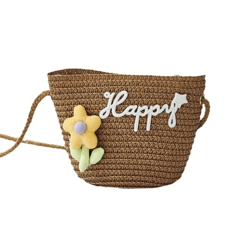 Kids Straw Bucket Crossbody Bag – Flower Mini Coin Purse Kids Crossbody Bag HIP